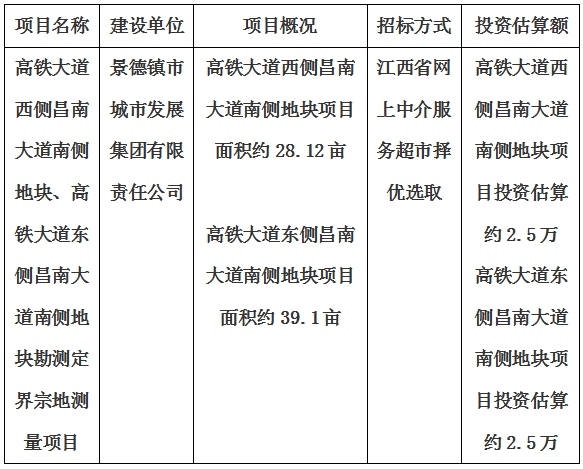 景德鎮(zhèn)市高鐵大道西側(cè)昌南大道南側(cè)地塊、高鐵大道東側(cè)昌南大道南側(cè)地塊勘測(cè)定界宗地測(cè)量項(xiàng)目計(jì)劃公告