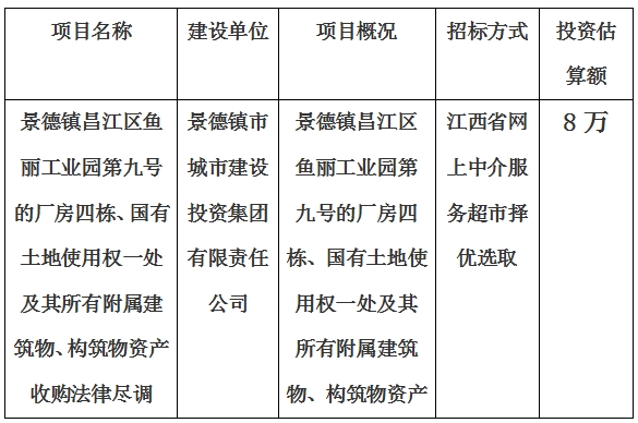 景德鎮(zhèn)昌江區(qū)魚麗工業(yè)園第九號的廠房四棟、國有土地使用權一處及其所有附屬建筑物、構筑物資產(chǎn)收購法律盡調(diào)項目計劃公告