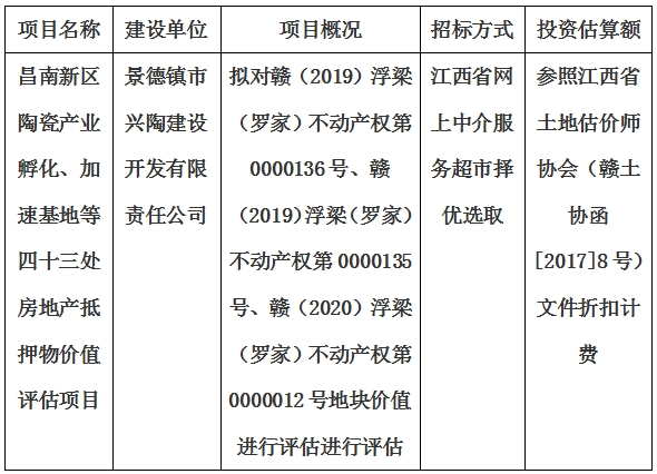 昌南新區(qū)陶瓷產(chǎn)業(yè)孵化、加速基地等四十三處房地產(chǎn)抵押物價(jià)值評(píng)估單位選取計(jì)劃公告