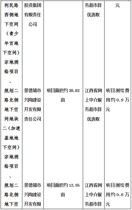 景德鎮(zhèn)市昌南新區(qū)LJ1-03-A01-1地塊、瓷都大道東側(cè)中渡口地下空間（格蘭云天大酒店地下空間）、光明大道北側(cè)利民路西側(cè)地下空間（青少年宮地下空間）、規(guī)劃二路北側(cè)地下空間地塊二（加速基地地下空間）、規(guī)劃二路北側(cè)地下空間地塊一（加速基地地下空間）、景德大道南側(cè)天寶橋西側(cè)地塊、景興大道東側(cè)如意路北側(cè)地下空間(社會公共服務(wù)