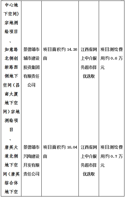 景德鎮(zhèn)市昌南新區(qū)LJ1-03-A01-1地塊、瓷都大道東側(cè)中渡口地下空間（格蘭云天大酒店地下空間）、光明大道北側(cè)利民路西側(cè)地下空間（青少年宮地下空間）、規(guī)劃二路北側(cè)地下空間地塊二（加速基地地下空間）、規(guī)劃二路北側(cè)地下空間地塊一（加速基地地下空間）、景德大道南側(cè)天寶橋西側(cè)地塊、景興大道東側(cè)如意路北側(cè)地下空間(社會公共服務(wù)