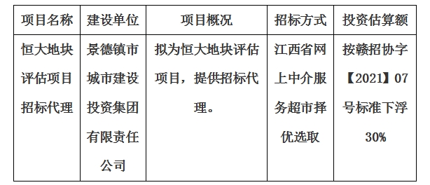 恒大地塊評估項(xiàng)目招標(biāo)代理計劃公告