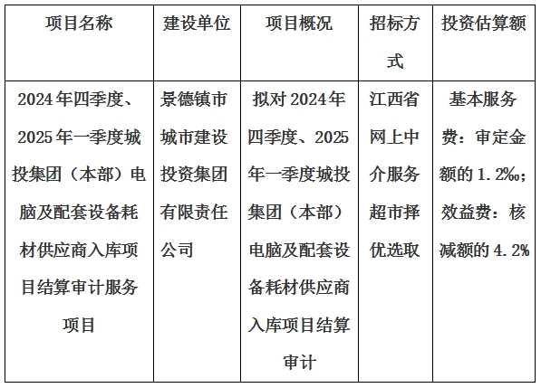 2024年四季度、2025年一季度城投集團(tuán)（本部）電腦及配套設(shè)備耗材供應(yīng)商入庫項(xiàng)目結(jié)算審計服務(wù)項(xiàng)目計劃公告
