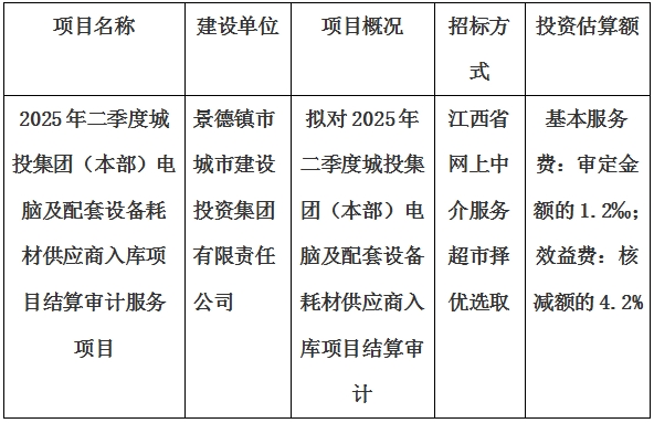 2025年二季度城投集團（本部）電腦及配套設備耗材供應商入庫項目結(jié)算審計服務項目計劃公告