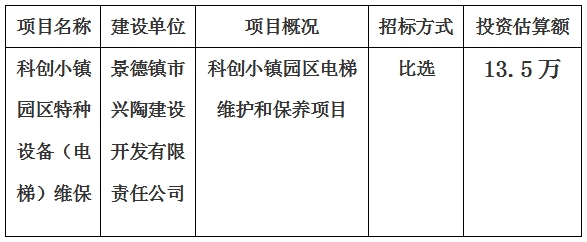 科創(chuàng)小鎮(zhèn)園區(qū)特種設備（電梯）維保計劃公告　　